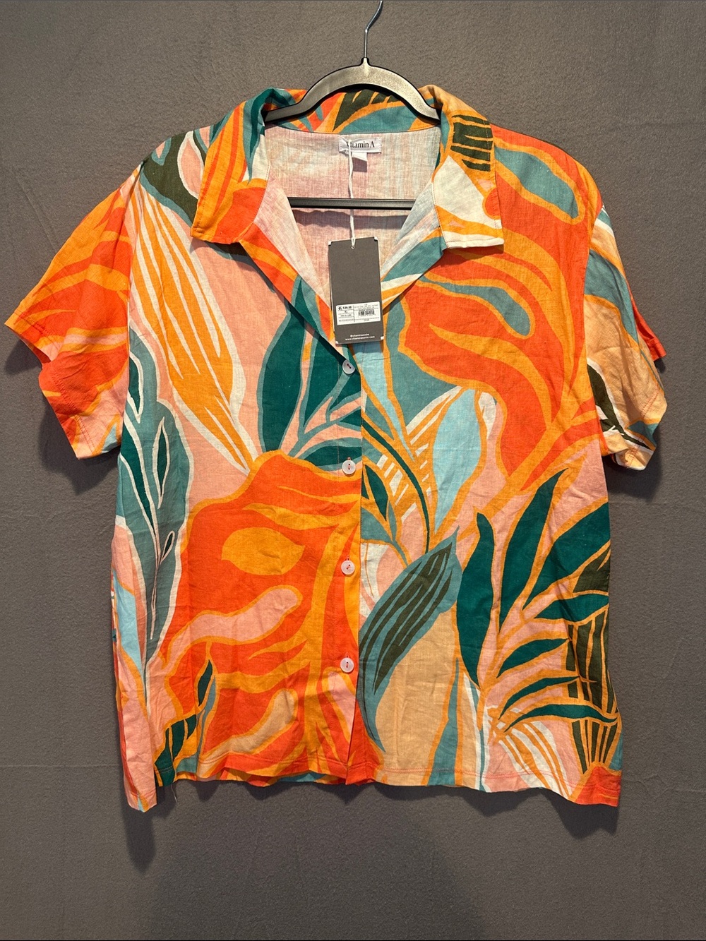 Vitamin A Tropical Button-Down Shirt and Matching Shorts in Orange, Teal & Pink - Picture 2 of 9